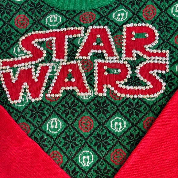 Kids Star‎ Wars Ugly Christmas Sweater Green Red Rhinestone Logo Size S - Picture 3 of 9